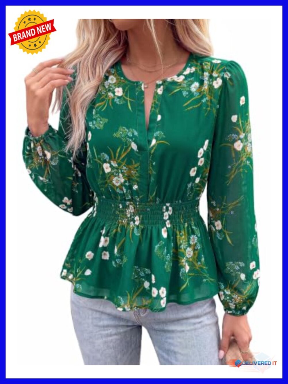 Women's Floral V-Neck Long Sleeve Chiffon Blouse Peplum Lantern Sleeve Boho Top